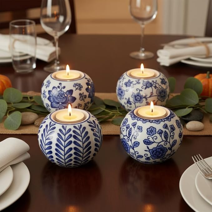 Okllen Set of 4 Blue and White Decor Ceramic Tealight Holders, Chinoiserie Decor Votive Candle Holders for Wedding Party Centerpiece, Holiday Home Table Decor, 1.8" Dx2.75 H