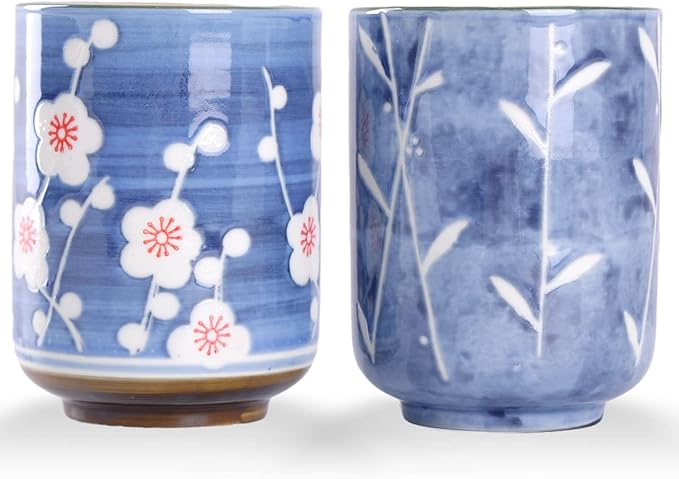 WHJY 10oz Transitional Chinese/Japanese style Handle-less Ceramic Tea cups teacup, Cherry Bloom & Rush straw in Blue Sky Pattern Set of 2