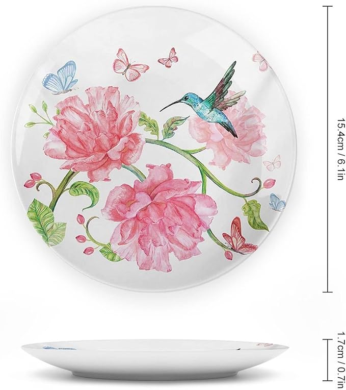 XISUNYA 10 Inch Decorative Plate,Hummingbird Ceramic Stoneware, Vintage Watercolor Butterflies Birds and Flourishing Branch Print Ornament Display Plate for Dining Table Setting, Christmas Tablescape
