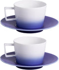 KAMMAK Ceramic Coffee Cups and Saucers Set of 2, Porcelain Espresso Cups with Saucers, 7 oz Handcrafted Ceramic Coffee and Tea Cup, Gradient Purple Drinkware for Tea Party, Office, Women Gifts