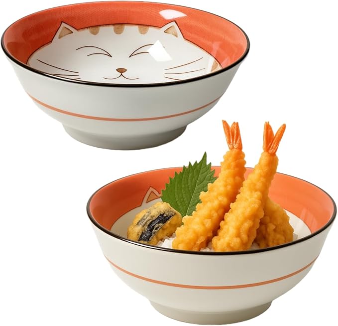 JapanBargain Set of 2 Japanese Porcelain Bowls, Large 7.5 Inch Ramen Udon Noodle Rice Soup Pho Poke Cereal Bowl, Maneki Neko Smiling Lucky Cat Pattern, Pink, Made in Japan