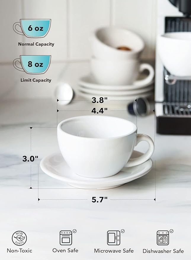 LE TAUCI Cappuccino Cups with Saucers 6 oz, Set of 4 Ceramic Coffee Cup and Saucer Set for Latte, Au Lait, Flat White, Mocha, Tea, Embossed Coffee Cups, White
