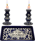 Holy Land Market Shabbat Candlesticks Set - Colorful Ceramic Shabbat Candle Holders Set with Matching Plate for Holidays, Blue