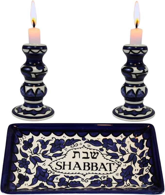 Holy Land Market Shabbat Candlesticks Set - Colorful Ceramic Shabbat Candle Holders Set with Matching Plate for Holidays, Blue
