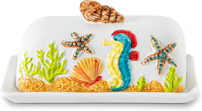 Ocean Theme Butter Dish With Lid For Countertop With Conch Scallop Starfish Seahorse Coral Decoration Funny Butter Container Cute Butter Dish Ceramic Mantequillera Butter Holder Tropical Beach Theme