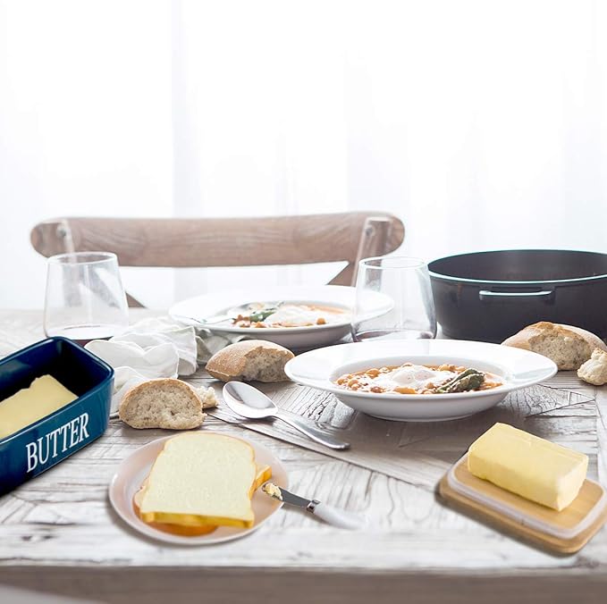 Hasense Porcelain Butter Dish with Bamboo Lid - Covered Butter Keeper with Butter Knife for Countertop, Airtight Butter Container with Cover Perfect for East West Coast Butter, Blue