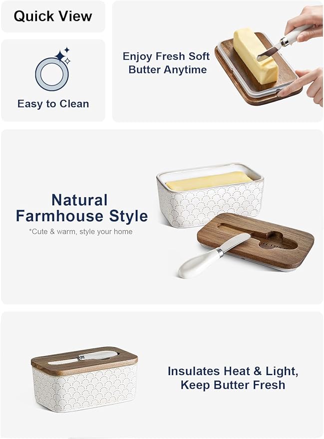 LE TAUCI Butter Dish with Lid for Countertop, Ceramic Butter Container, Embossed Butter Keeper with Acacia Wood lid, Knife, and Airtight Cover, Farmhouse Decor - Set of 1, Arctic White, Fireworks