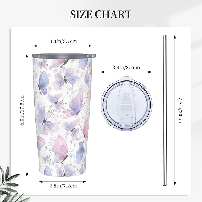 Pink Purple Butterflies Tumbler,Butterflies 20oz Stainless Steel Insulated Travel Tumblers,Travel Coffee Mug with Lid and Straw Water Bottle Drink Tumbler Cups Gifts for Women Men Lovers