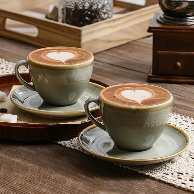 SHUER Ceramic Latte Coffee Cup Set of 4, 11.2 Oz Tea Cup and Saucers Sets,Glaze Americano Cups and Macchiato Coffee Cups,Low Tea Time Mug Set Great for Party (Light Cyan 320ML)