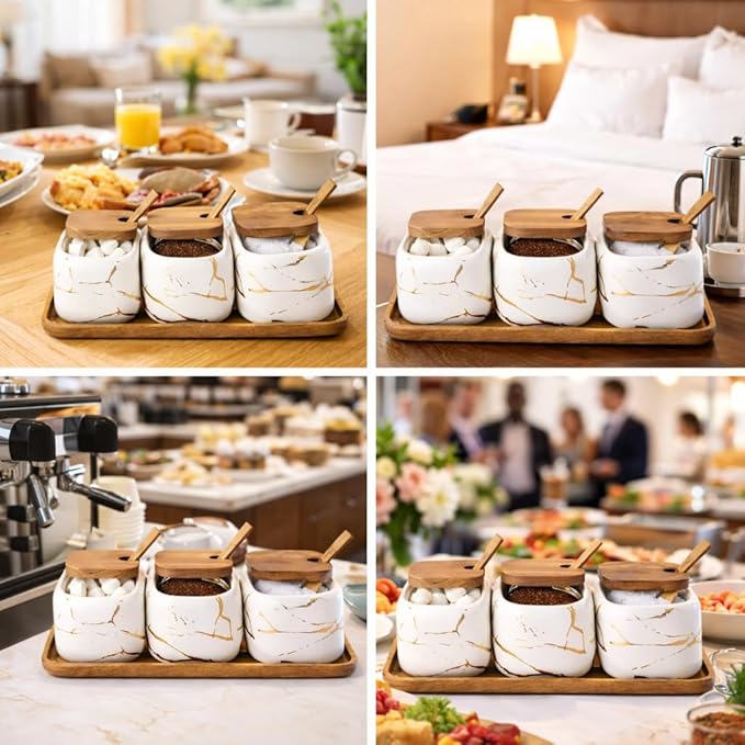 Ceramic Spice Jars Porcelain Condiment Jars Set Marble Ceramic Seasoning Box 3pcs Condiment Pots for salt, sugar, pepper Kitchen Seasoning Condiment Jar Set