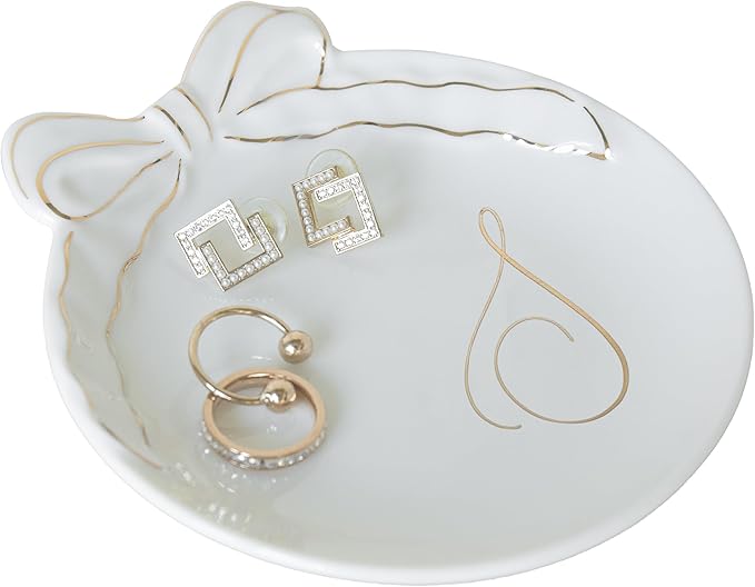 COLLECTIVE HOME Custom Initial Ceramic Jewelry Tray with Bow - Ring Holder & Earring Dish | Christmas Gift Idea for Women, Unique Birthday Present for Her (S)