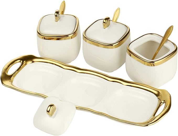 Spice Jars,Ceramic Spice Containers Kitchen Sugar Salt Condiment Jars Jars set with Lids and Spoons (White)