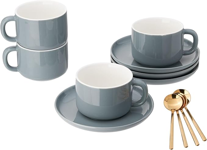 8oz Cappuccino Cups Set of 4, Ceramic Coffee Cups and Saucers Set with Spoons, Gray Durable Coffee Cups for Cappuccino Espresso Latte Mocha Au Lait Macchiato Cafe