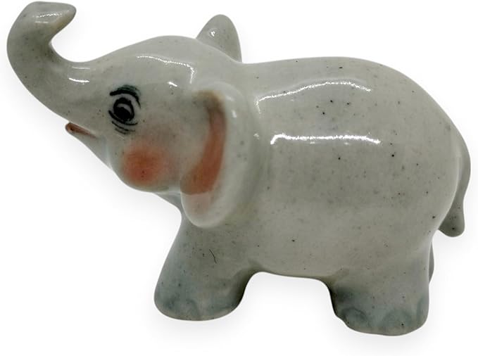 ChangThai Design Tiny 1½" Gray Baby Elephant Walk Trunk Up Figurine - Miniature Hand Made Painted Ceramic Asian Elephants Cute Wildlife Wild Animals Porcelain Decorative Collectible Figure Décor Gifts