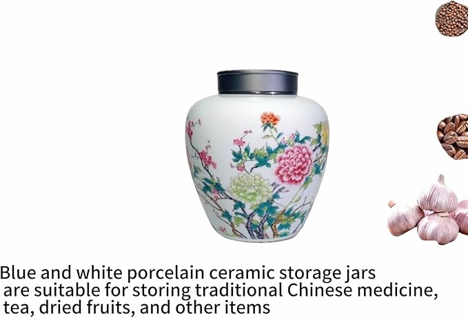 WF Chinese Ceramics Ginger Jar, Porcelain Storage Jar, Double layer metal cover - Airtight Container for Coffee Beans, Tea Kitchen Home Collectibles 1000 ML