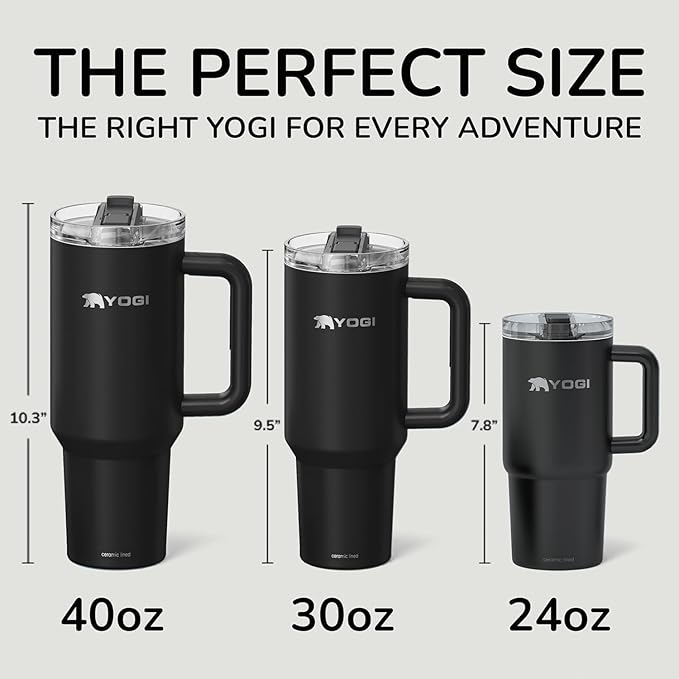YOGI Ceramic Lined Metal Allergy Safe 24oz Tumbler with Handle and Straw Leakproof Flip & Sip Lid Vacuum Insulated Stainless Steel Travel Cup for Iced Coffee Water and All-Day Hydration 24oz Onyz