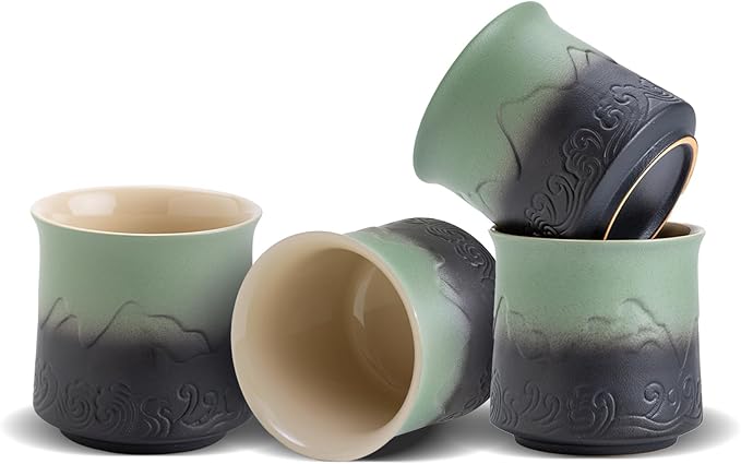 ZENS Japanese Tea Cups Set of 4, Embossed 8 oz Ceramic Japan Tea Cup for Hot Tea or Matcha, Japanese Style Handle-less, Occupied Japan Tea Cup, Moss Green