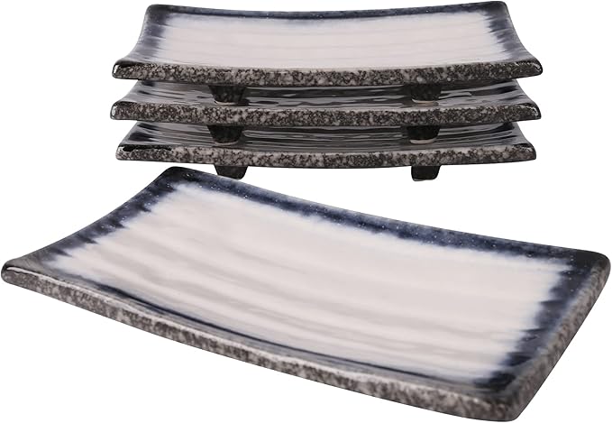 Uaral Sushi Plate,Ceramic White Sushi Plate Sashimi Plate Japanese Platter For Restaurant and Sushi Bar,Set of 4(Midnight Blue&White)