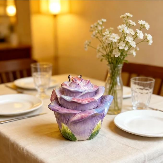 Ceramic Rose Spice Jars - 3D Hand-Sculpted & Hand-Painted Condiment Pots for Salt, Sugar, Pepper (Pinkish Purple)