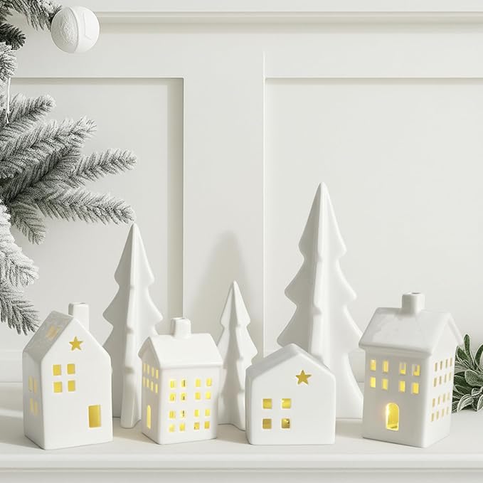7 Pcs Ceramic Christmas Village Set 4 LED Light up White Ceramic Village Houses with 3 Xmas Trees Xmas Figurines for Farmhouse Rustic Indoor Home Mantel Table DIY Display Holiday Decoration