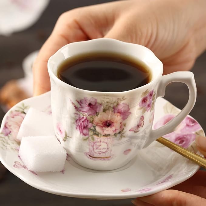 GuangYang 2.5 oz Porcelain Espresso Cups and Saucers Set – Floral Design, Purple Pattern – Gift-Ready, Elegant Mini Coffee Set of 6 for Home or Gifting