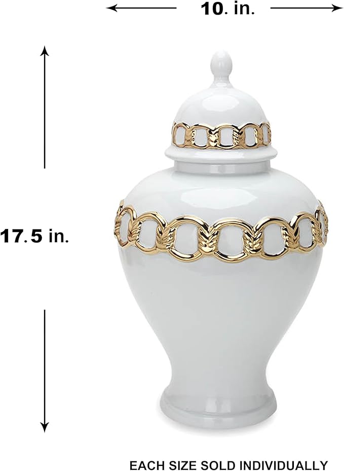 Noori Home - 100% Modern Glam Artisan Ceramic SOPH Medium White/Gold Ginger Jar Urns with Lid