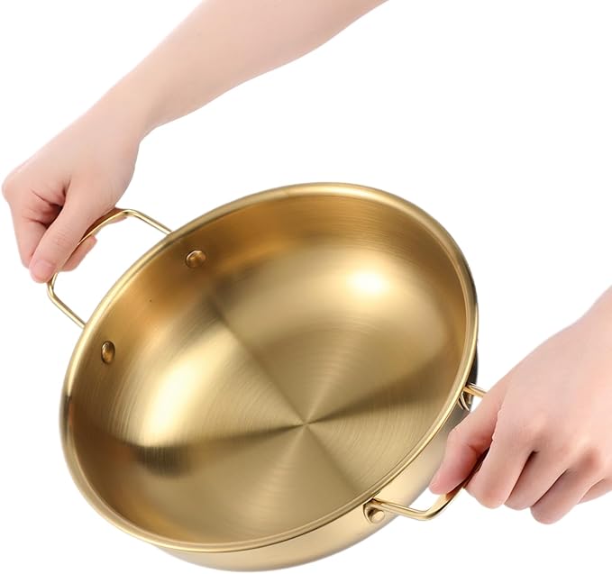 3 Korean Ramen Noodle Pot with Handles, Stainless Steel Everyday Pan, Golden Korean Cooking Pot for Soup, Noodle, Pasta, Home and Outdoor, Dishwasher Safe, Size 7", 8.7", 9.5"