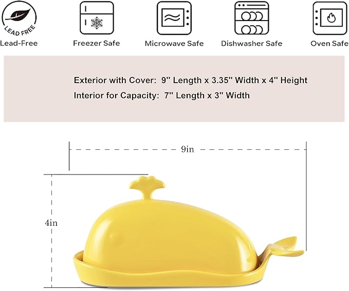 Whale Butter Dish with Lid, Cute Ceramic Butter Dish with Handle for Countertop, Funny Butter Holder Butter Keeper for Kitchen Decor, Ideal Gifts for Housewarming,Wedding, Yellow