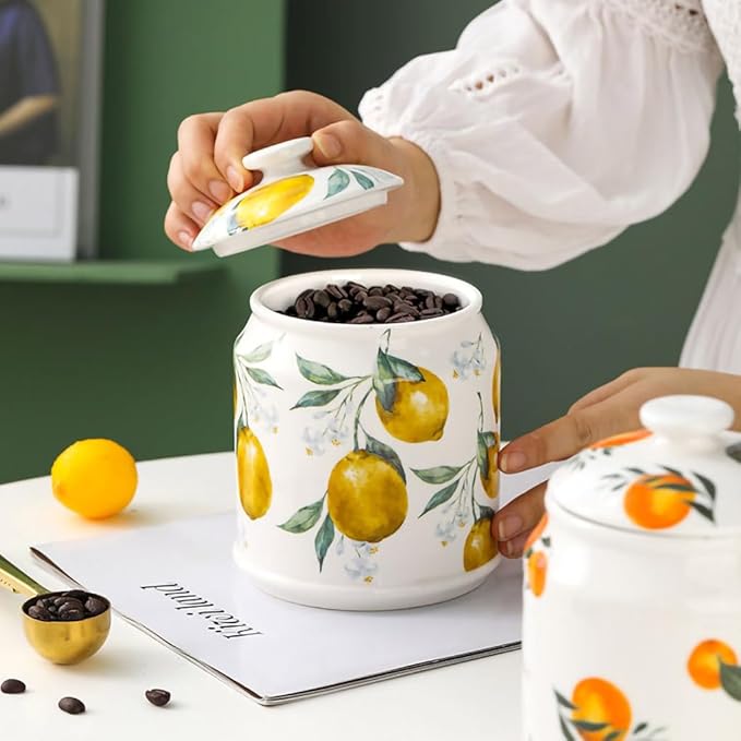 WAIT FLY Ceramic Tea Caddy Tea Canister Large Capacity Food Storage Jar Container for Tea, Coffee, Herb, Sugar, Spice, Nuts-Lemon-33 OZ