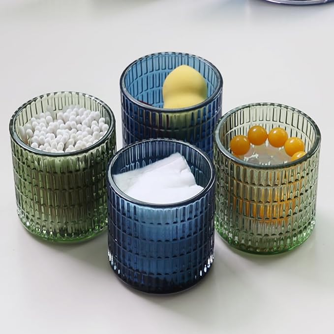 WAIT FLY Embossed Glass Cotton Swabs Dispenser with Lid Bathroom Cup Bathroom Vanity Organizer-Blue