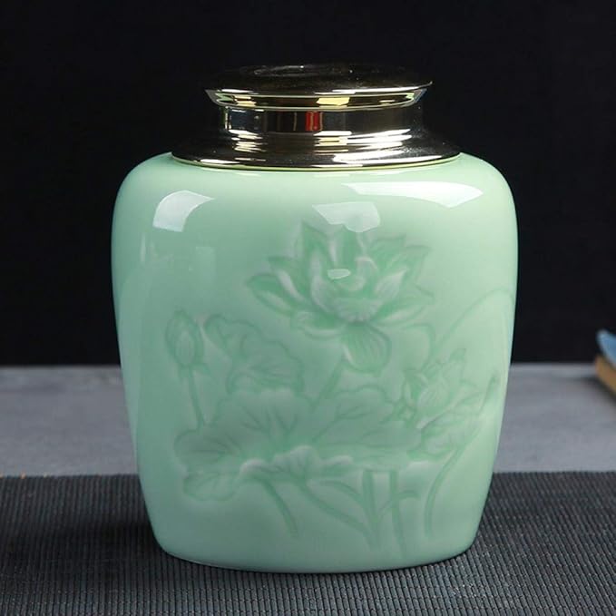 Exquisite Oriental Ceramic Food Storage Jar Canister Food Canisters,Loose Tea Tin/Tea Storage/Tea Caddy/Tea Canister/Coffee Canister/Coffee Jar/Spice Nuts Snacks Storage 23.67oz/700ml (Light green)
