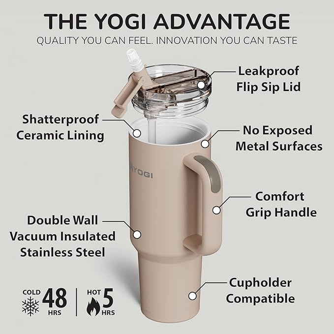 YOGI Ceramic Lined Metal Allergy Safe 30oz Tumbler with Handle and Straw Leakproof Flip & Sip Lid Vacuum Insulated Stainless Steel Travel Cup for Iced Coffee Water and All-Day Hydration 30oz Driftwood