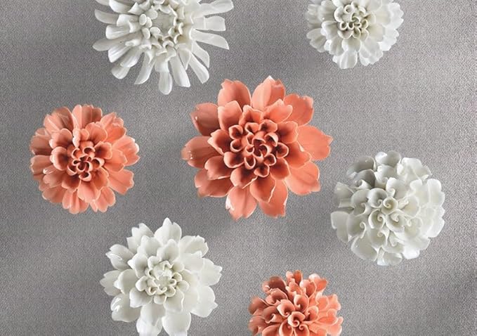 Peony,2.76"" Ceramic Flower Wall Art, Artificial 3D Flower Wall Art, Handmade 3D Wall Art Hanging Sculpture, Porcelain Flower Wall Decoration for Home Office Decor (White), White,flower