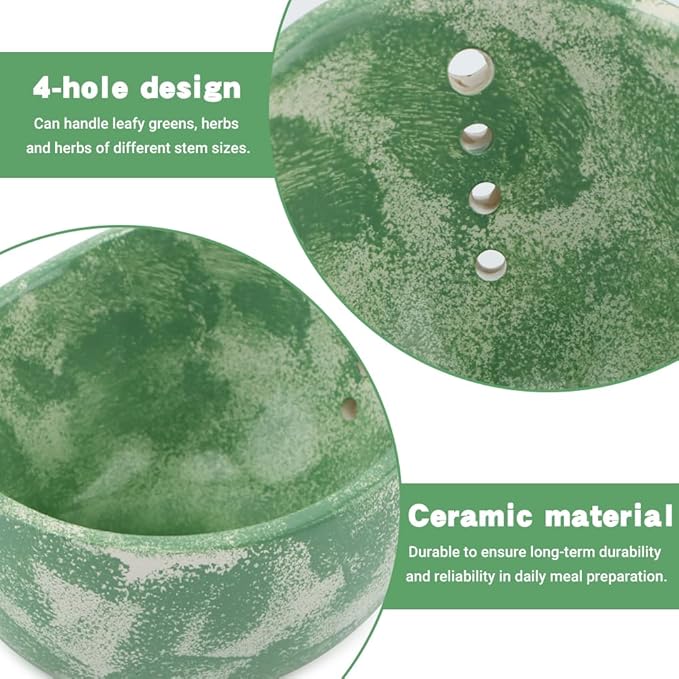 Pottery Herb Stripper Bowl, Handmade Ceramic Herb Peeling Cup with Different Hole Sizes for Separating Leaves and Stems(Color:Green)