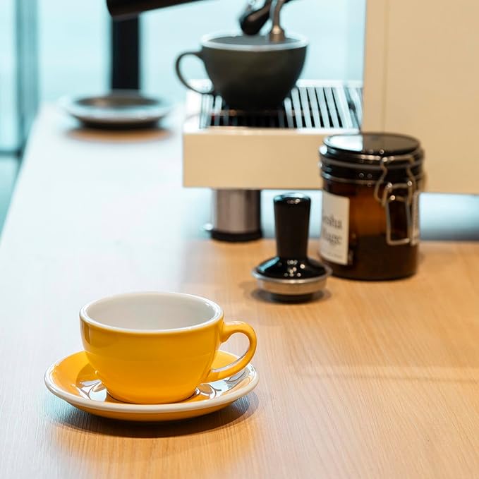Loveramics Cappuccino Cup with Saucer, 8 oz Ceramic Coffee cup with Round Bottom for Cappuccino, Latte, Tea, Espresso, Thick-walled Stoneware Cup Set for Barista - Regular Colours (Yellow, 8OZ)