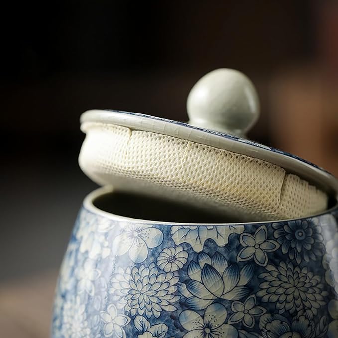 Vintage White and Blue Ceramic Portable Tea Caddy Tea Canister Tea Storage Container Tins Jar with Airtight Lid for Tea, Coffee, Herb, Sugar, Spice, Nuts, 9 OZ