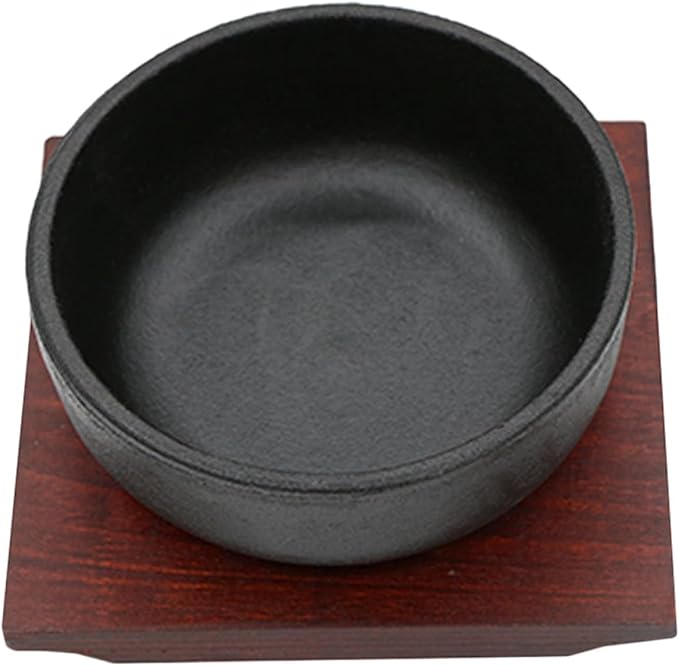 VILLCASE Cast Iron Bibimbap Bowl 15cm Korean Stone Pot with Wooden Base Reusable Food Bowl for Daily Use and Restaurant Serving