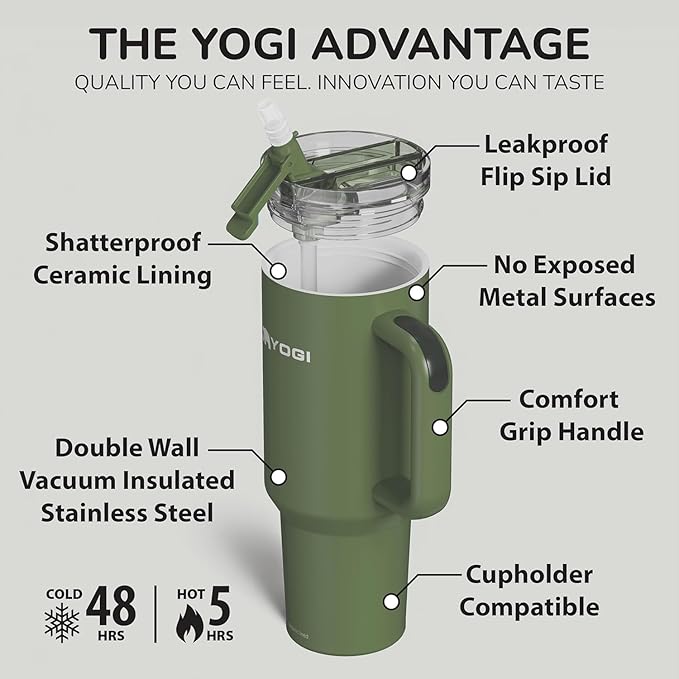 YOGI Ceramic Lined Metal Allergy Safe 40oz Tumbler with Handle and Straw Leakproof Flip & Sip Lid Vacuum Insulated Stainless Steel Travel Cup for Iced Coffee Water and All-Day Hydration 40oz Olive