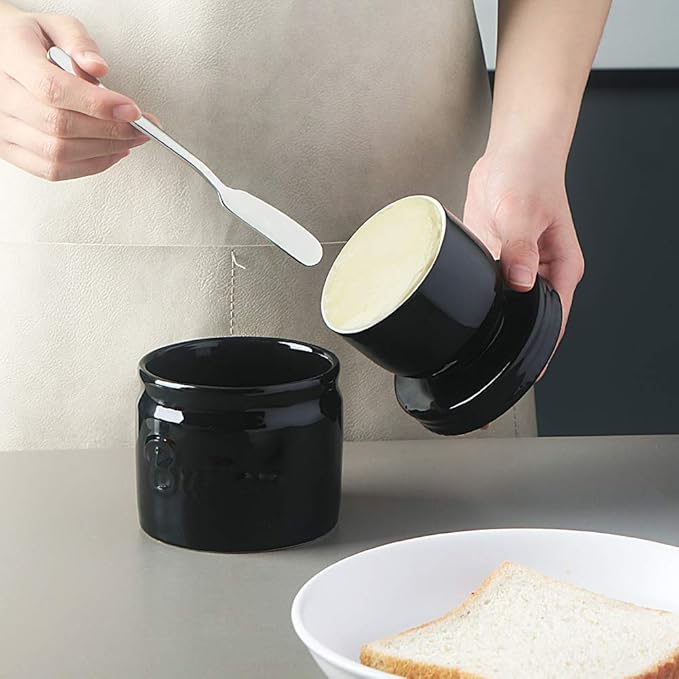Sweejar Porcelain Butter Keeper Crock, French Dish With Water Line, Ceramic Container for Soft Butter (Black)
