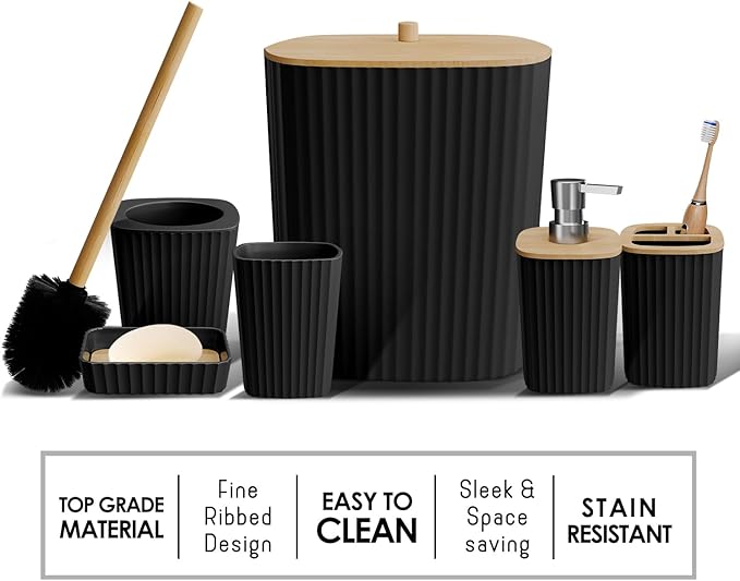 Clara Clark Bathroom Set - Black Bathroom Accessories Set, 6PC Bathroom Accessory Set, Bathroom Sets with Toilet Brush, Trash Can & Soap Dispenser