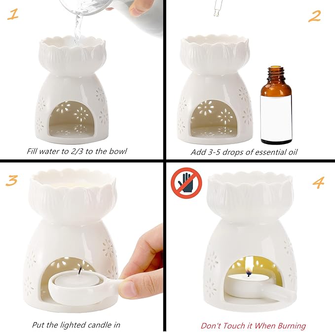 Lyellfe 3 Pack Ceramic Tealight Candle Holder, Essential Oil Burner with Spoon, White Carved Wax Warmer Aroma Diffuser Furnace for Birthday Valentines Home Decor