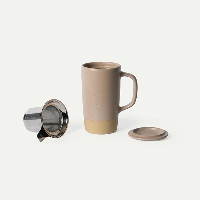 MORA Ceramics Large Tea Mug with Loose Leaf Infuser and Ceramic Lid, 18 oz, Portable, Microwave, Dishwasher Safe, Tall Coffee Cup - Rustic Matte Ceramic Glaze, Modern Herbal Tea Strainer, Mushroom