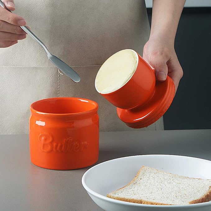 Sweejar Porcelain Butter Keeper Crock, French Butter Dish with Water Line, Ceramic Butter Container for soft butter (Orange)