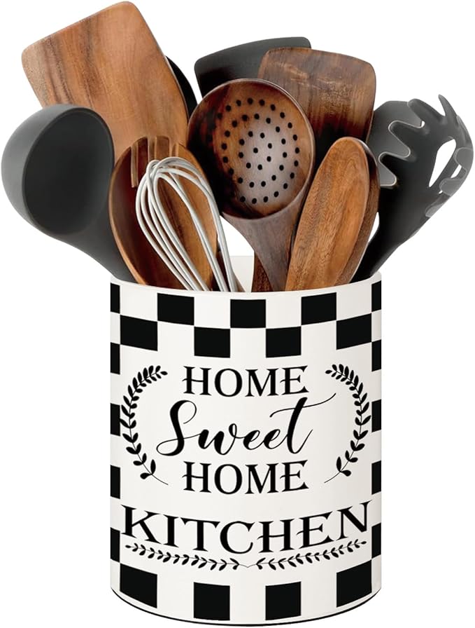 Checkered Kitchen Decor, 6.5inch Ceramic Utensil Holder with Checkered Design, Rustic-Style Indoor Kitchen Utensil Storage Rack, Ideal for Spoon Storage and Cooking Tools, Gift for Kitchen Organizers