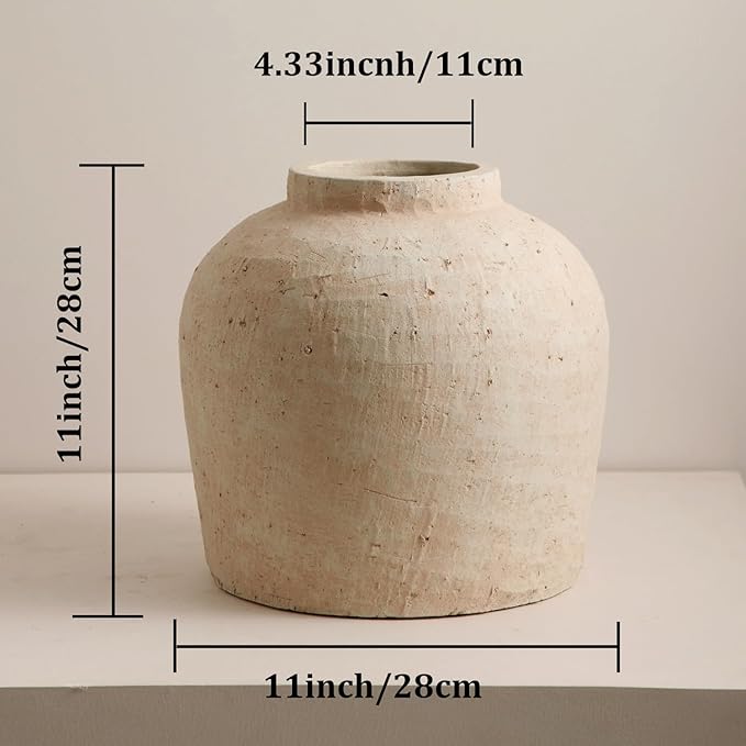 Large Ceramic Vase, 11" Rustic Farmhouse Terracotta Vase for Home Decor, Artisan Decorative Flower Vase for Living Room, Table Centerpiece, Bedroom (Terracotta Beige)