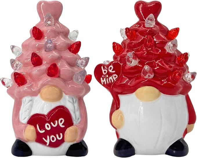 Valentines Day Decorations Pink&Red Lighted Up Ceramic Gnome Tree, Gnomes Figurines for Table Centerpieces Home Decor Indoor Outdoor Party, Valentines Day Gifs Home Decor for Couples Anniversary