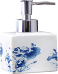 Countertop Soap Dispensers, Refillable Pump Bottle Ceramic Lotion Soap Dispenser with Pump for Bathroom and Kitchen Office, Vintage Blue and White Porcelain Floral Decorative(Silver)