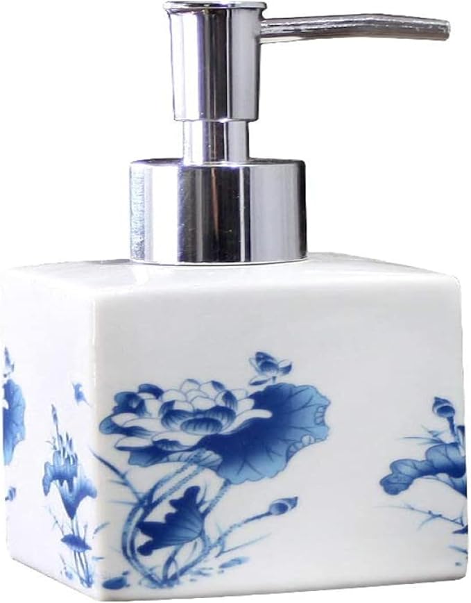 Countertop Soap Dispensers, Refillable Pump Bottle Ceramic Lotion Soap Dispenser with Pump for Bathroom and Kitchen Office, Vintage Blue and White Porcelain Floral Decorative(Silver)
