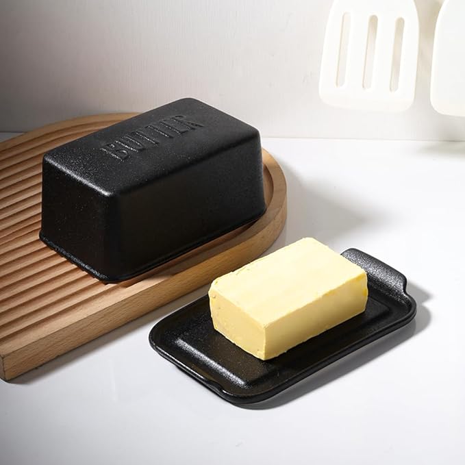 Porcelain Covered Butter Dish with Lid for Countertop Butter Holder Container for One Stick of Butter. Textured Tray Butter Keeper for Non Slip Storage-BLACK BIG
