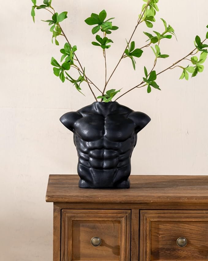 Body Art Vase, Classical Sculpture Statue for Bookshelf Shelf Decoration, Nordic Modern Ceramic Flower Vase for Home Decor, Table Centerpiece, Living Room, Office, Entryway, Console（Black）